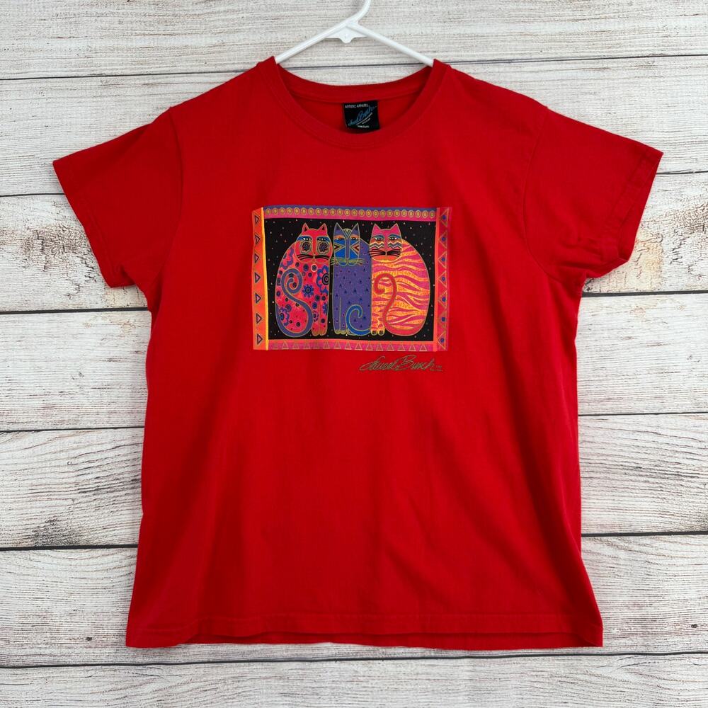 Vintage Laurel Burch Feline Friends Cats T-Shirt Adult Medium Red Made in USA